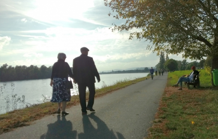 老夫婦が散歩している様子